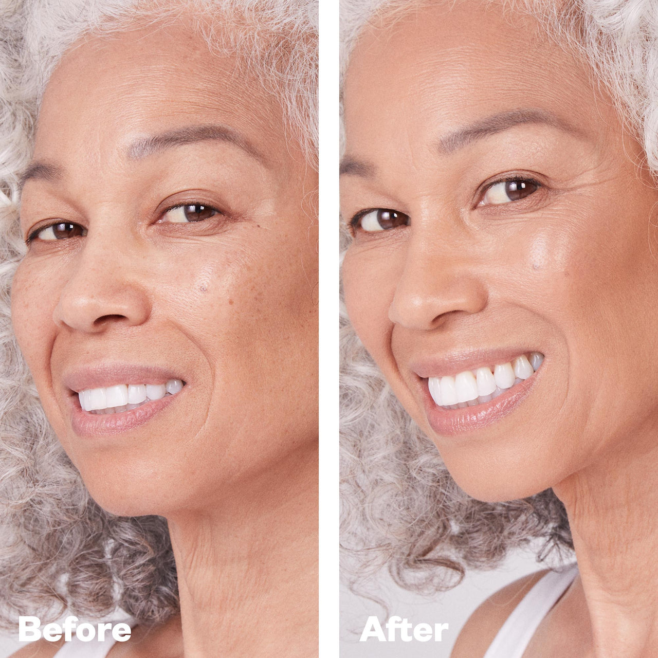 Before and after applying Kosas' skincare lineup