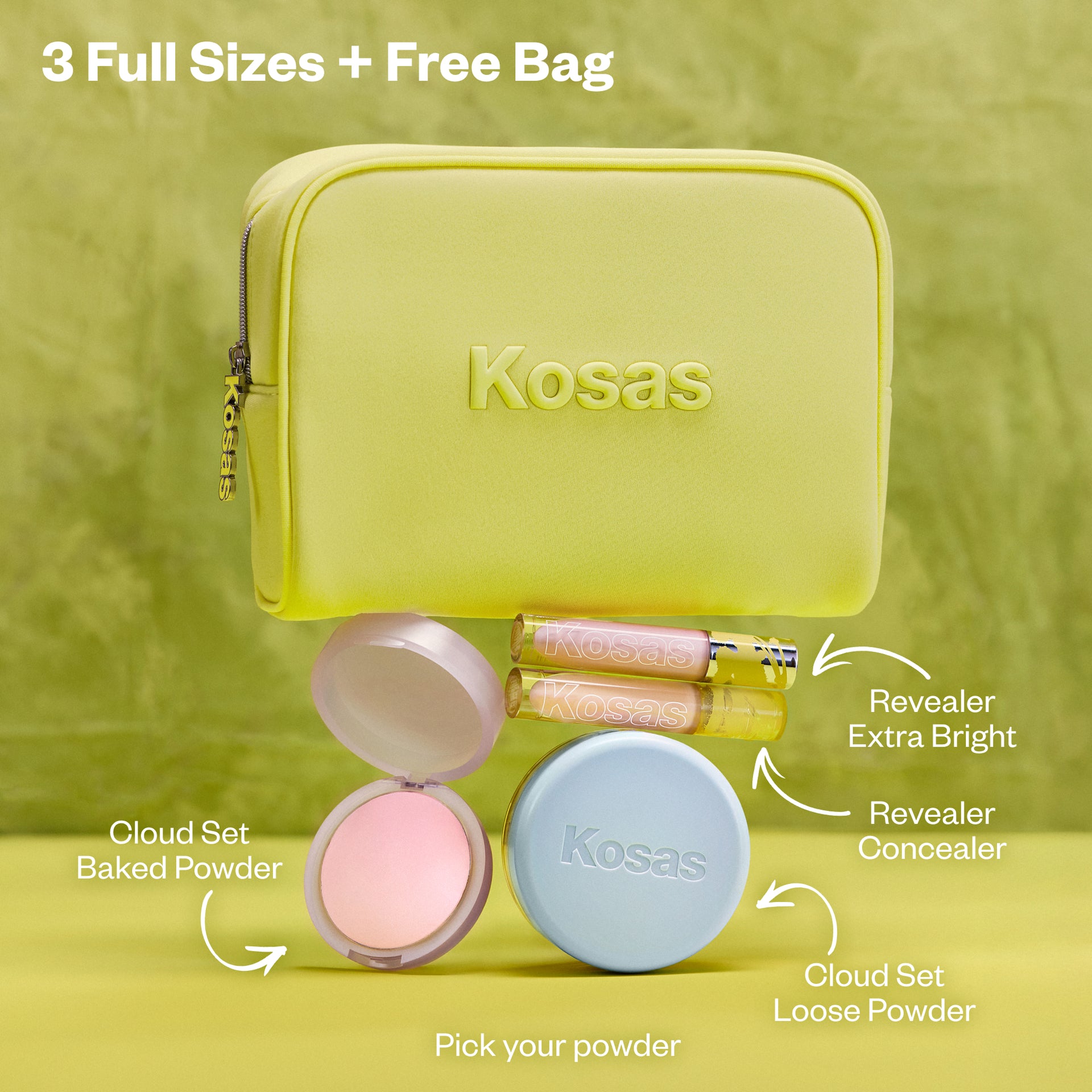 Kosas Holiday Set with a yellow makeup bag