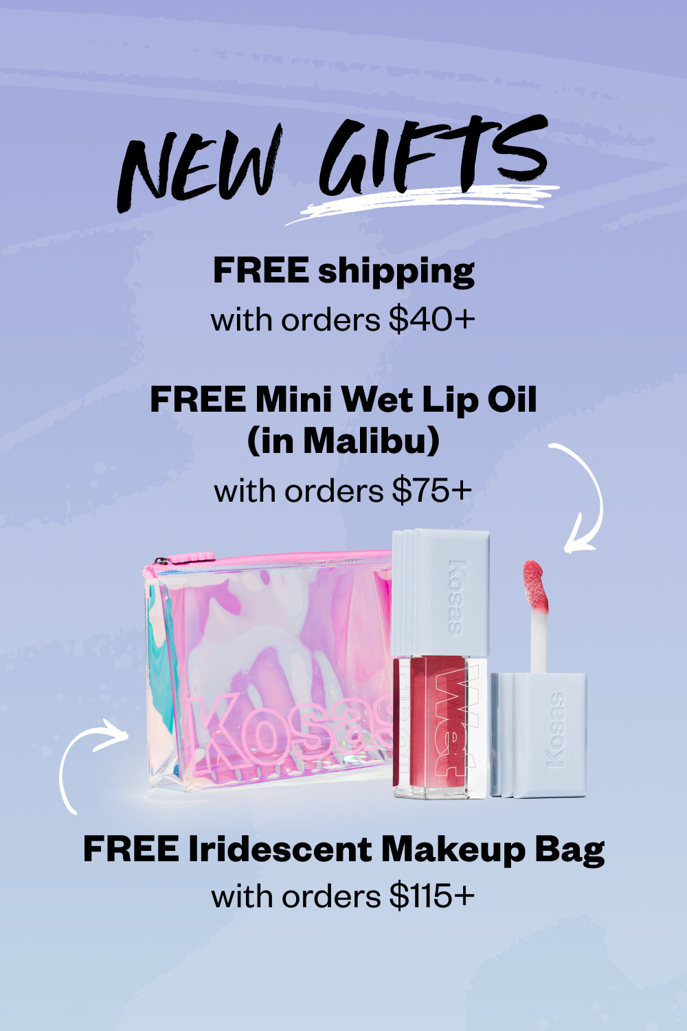 Free Mini Wet Lip Oil in Malibu and Iridescent Makeup Bag