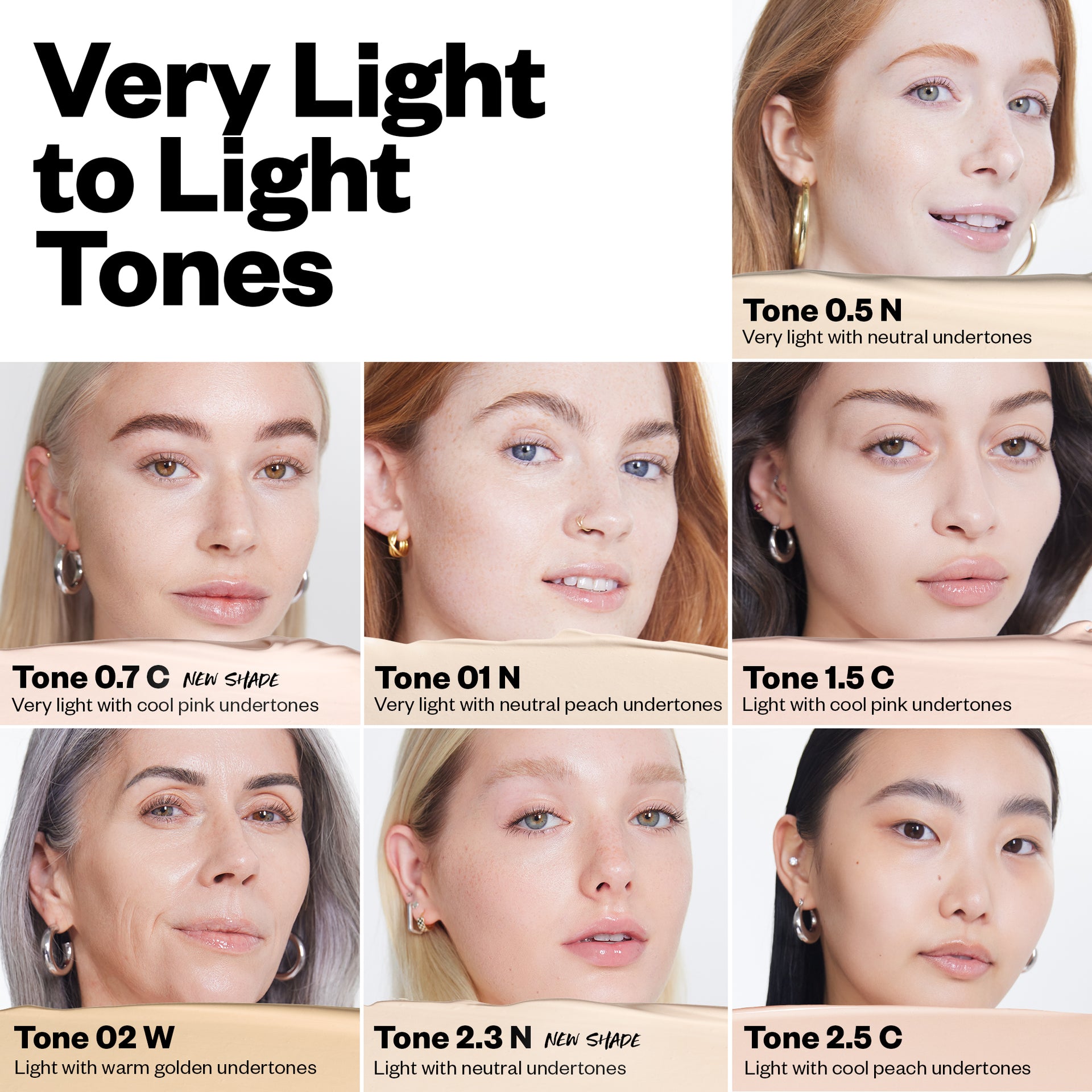 Very Light to Light Tones (Tone 0.5 N, Tone 0.7 C, Tone 01 N, Tone 1.5 C, Tone 02 W, Tone 2.3 N, Tone 2.5 C)