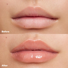 Before and after applying Wet Lip Oil Gloss in the shade Unhooked
