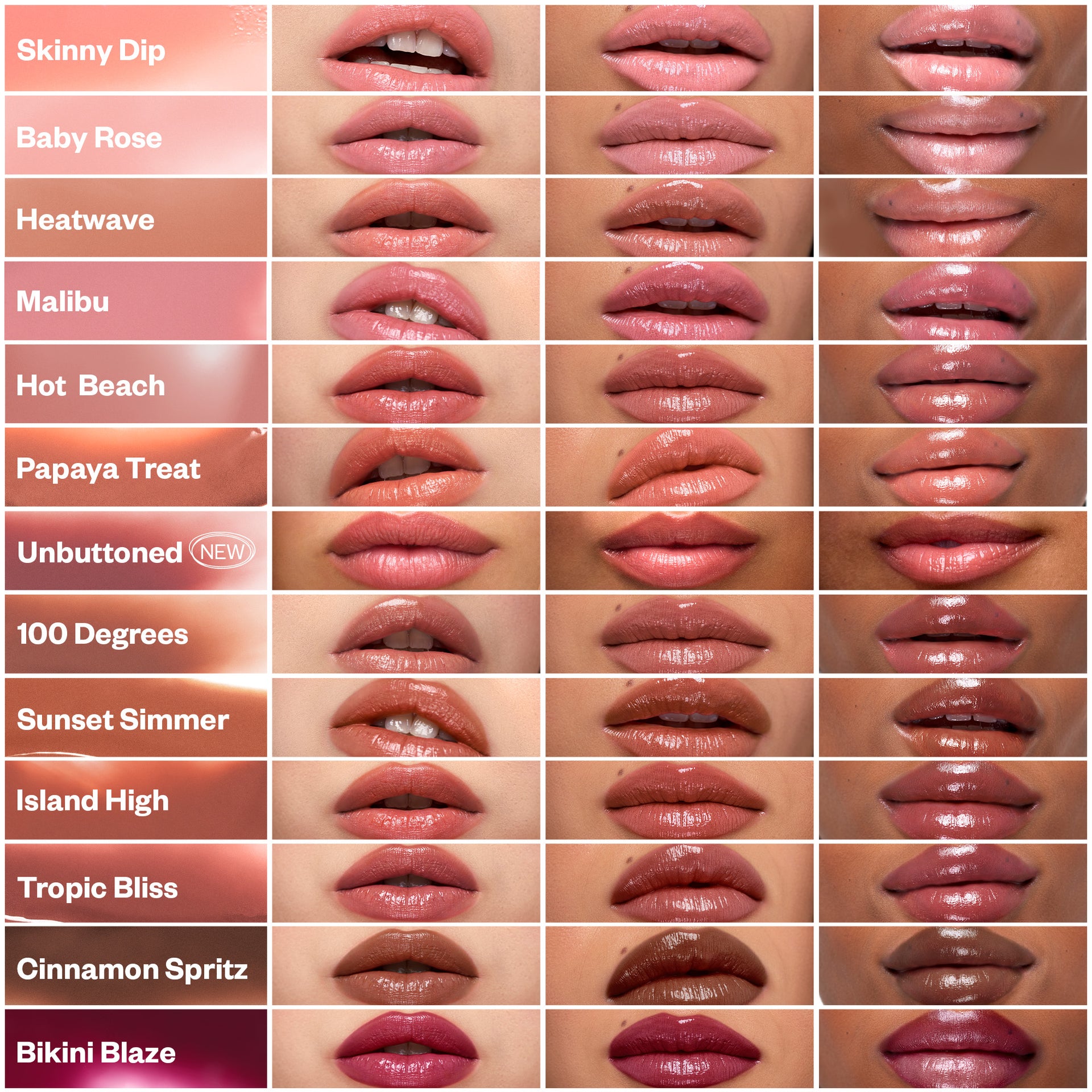Wet Stick Lip swatches on different skintones