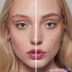 Before and after application of 'Honey Blonde' Brow Pop shade.