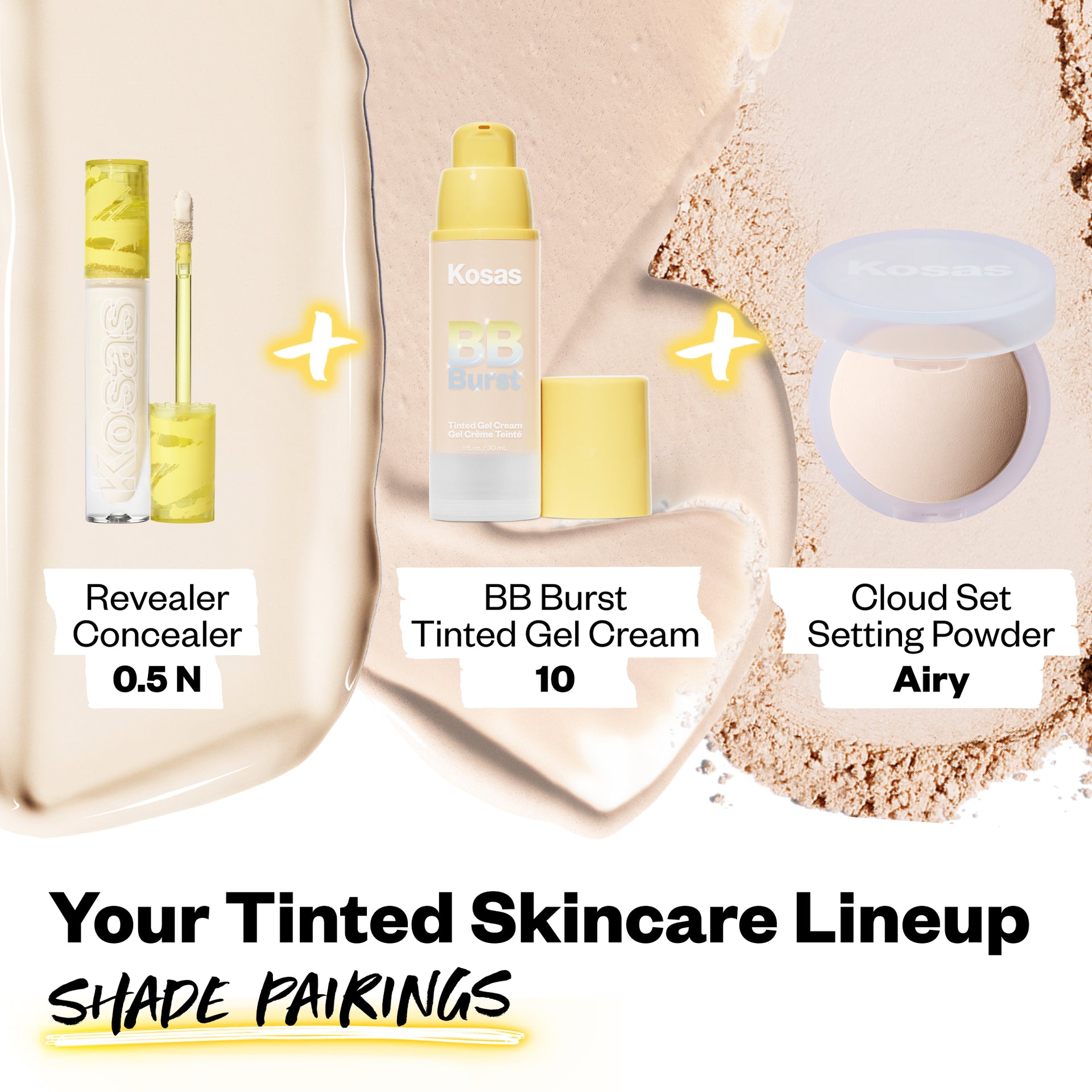 Your Tinted Skincare Lineup Shade Pairings (Revealer Concealer 0.5N, BB Burst Tinted Gel Cream 10, Cloud Set Setting Powder Airy)
