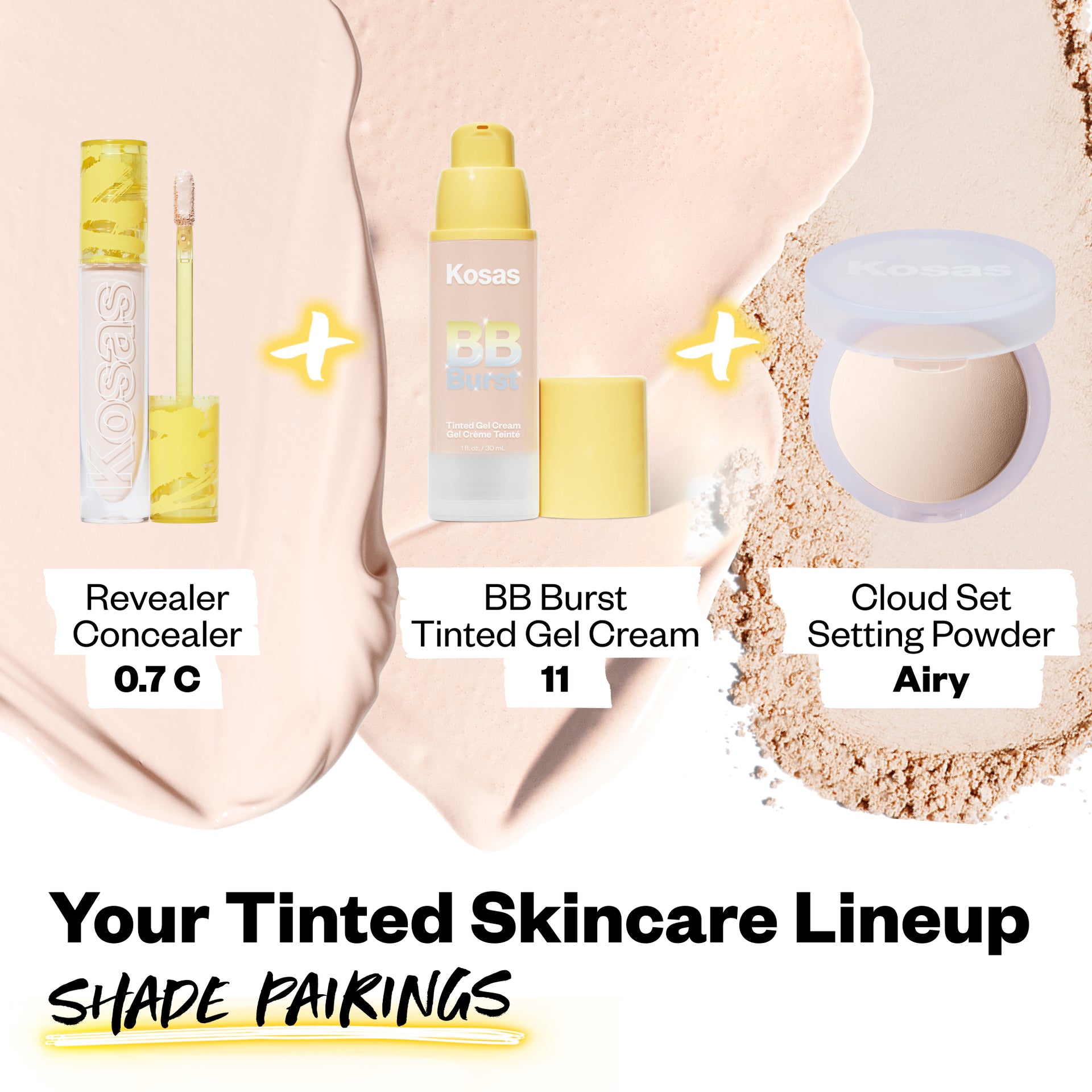 Your Tinted Skincare Lineup Shade Pairings (Revealer Concealer 0.7C, BB Burst Tinted Gel Cream 11, Cloud Set Setting Powder Airy)