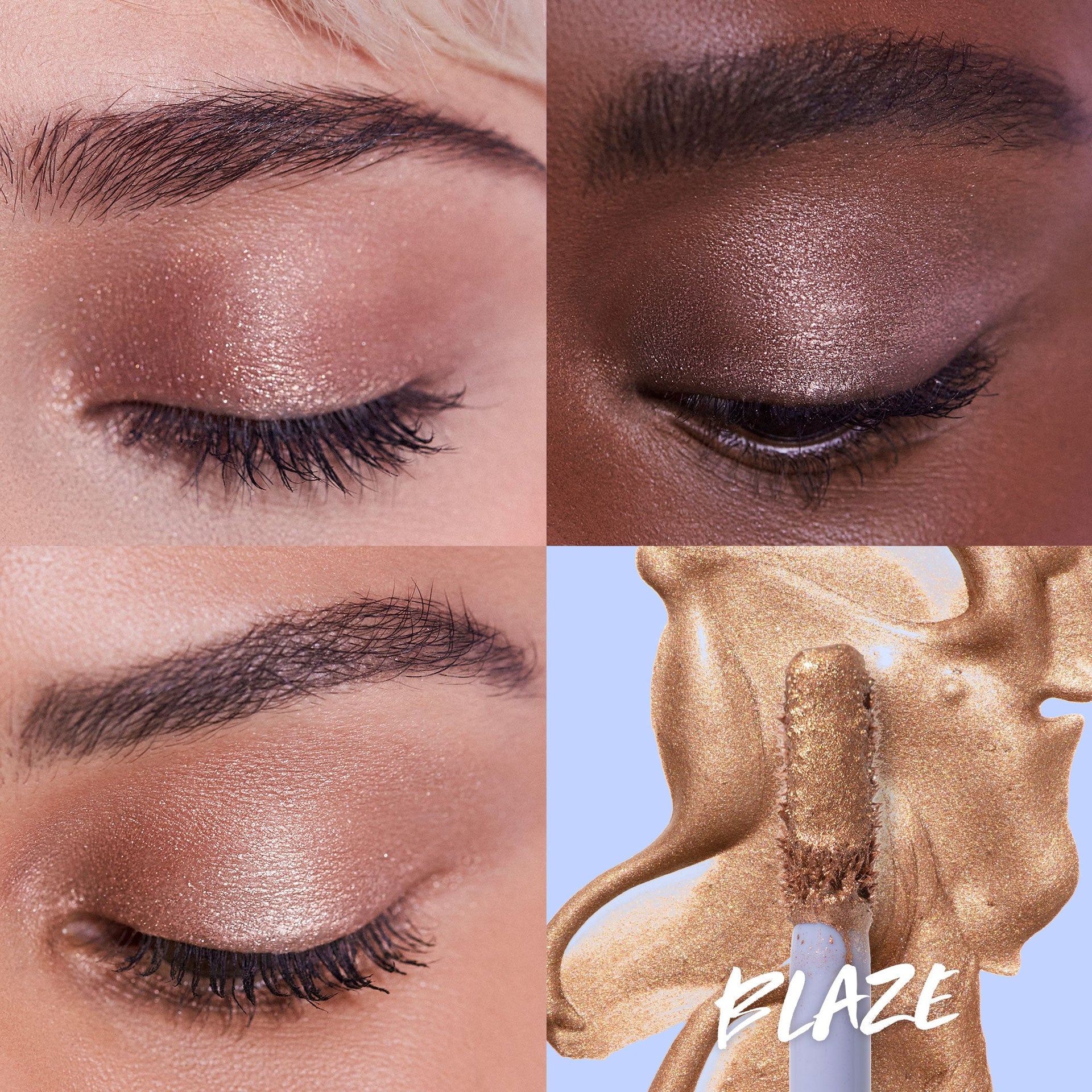 Close-up image featuring swatches of 10-second eye in the shade Blaze when applied on different skin tones.