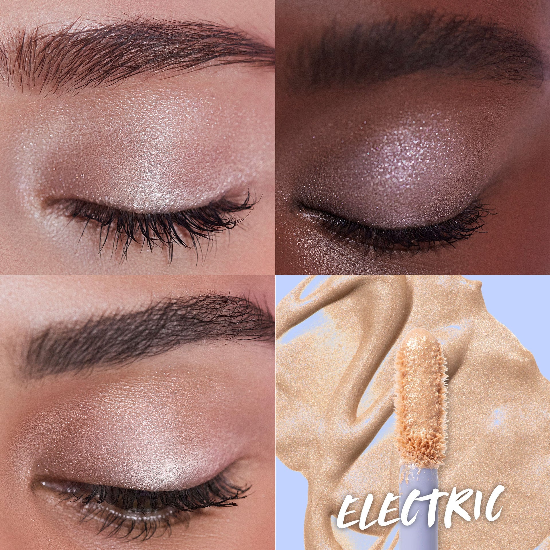 Close-up image featuring swatches of 10-second eye in the shade Electric when applied on different skin tones. 