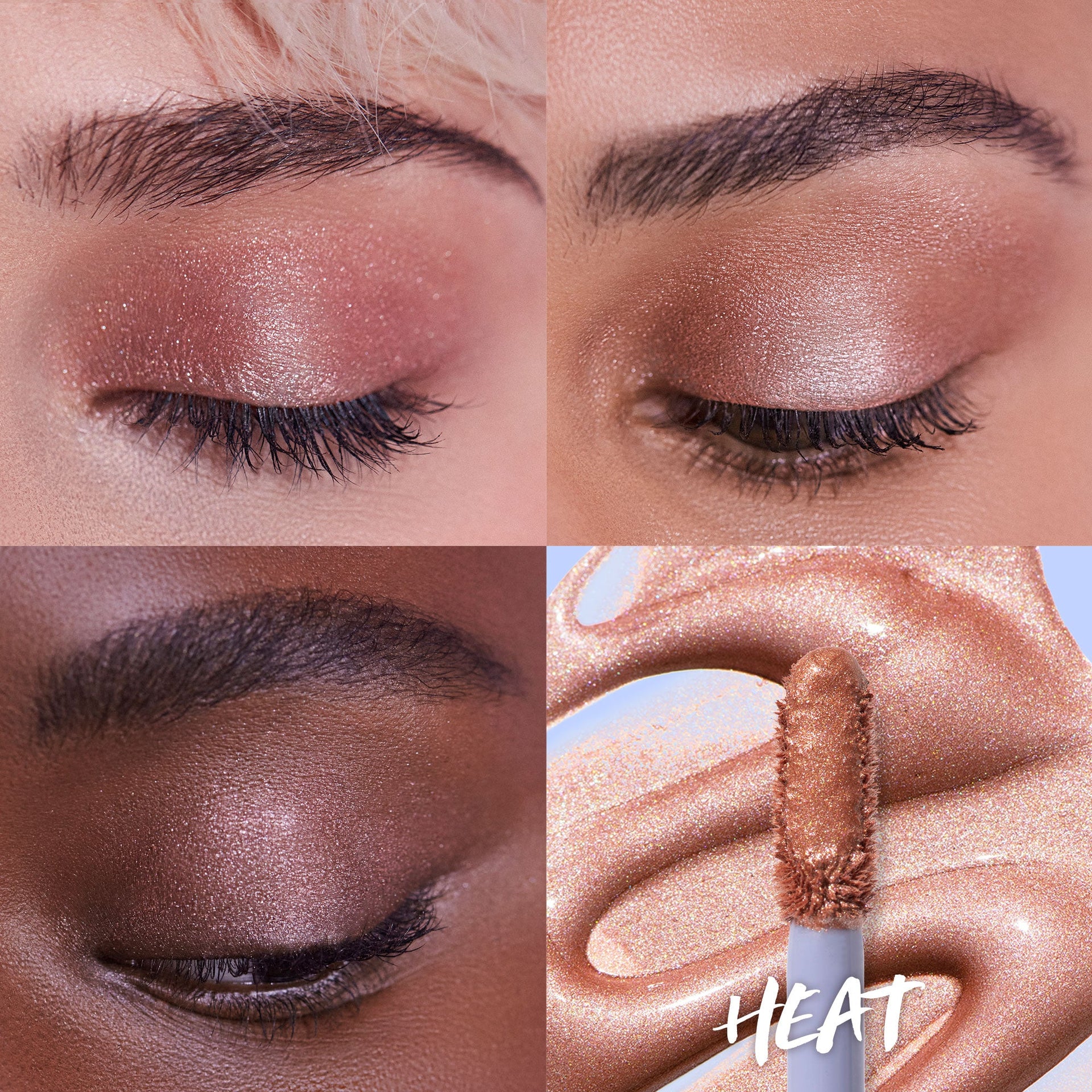 Close-up image featuring swatches of 10-second eye in the shade Heat when applied on different skin tones.
