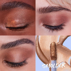 Close-up image featuring swatches of 10-second eye in the shade Smolder when applied on different skin tones.