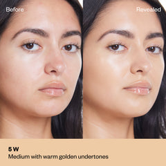 Shade 5 W: A "Before" and "Revealed" comparison of a model with a medium complexion.The shade is Medium with warm golden undertones.