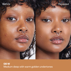 Shade 08 W: A comparison of a model with a medium-deep complexion. The shade is Medium deep with warm golden undertones.