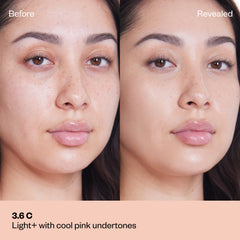 Shade 3.6 C: A "Before" and "Revealed" comparison of a model with a light-medium complexion and light freckles.The shade is Light + with cool pink undertones.