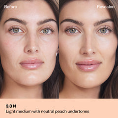 Shade 3.8 N: A "Before" and "Revealed" side-by-side comparison of a model with a light-medium complexion.The shade is Light medium with neutral peach undertones.