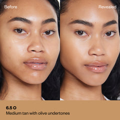 Shade 6.5 O: A "Before" and "Revealed" comparison of a model with a medium-tan complexion. The text identifies the shade as Medium tan with olive undertones.