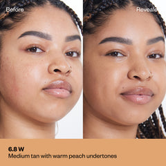 Shade 6.8 W: A "Before" and "Revealed" comparison of a model with a medium tan complexion. The text labels the shade as Medium tan with warm peach undertones.