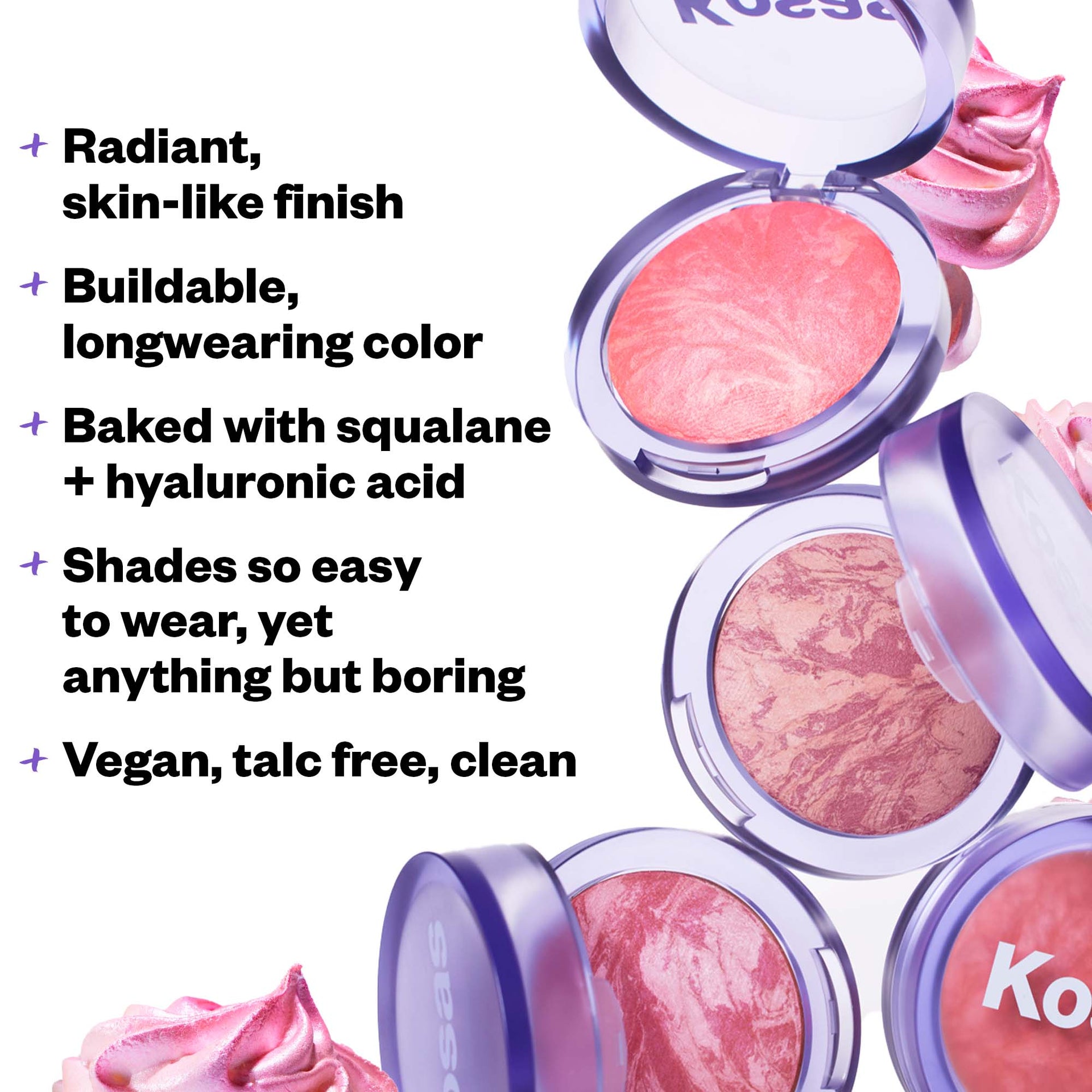 Radiant skin-like finish, buildable longwearing color, baked with squalene + hyaluronic acid, shades so easy to wear, yet anything but boring, vegan, talc free, clean
