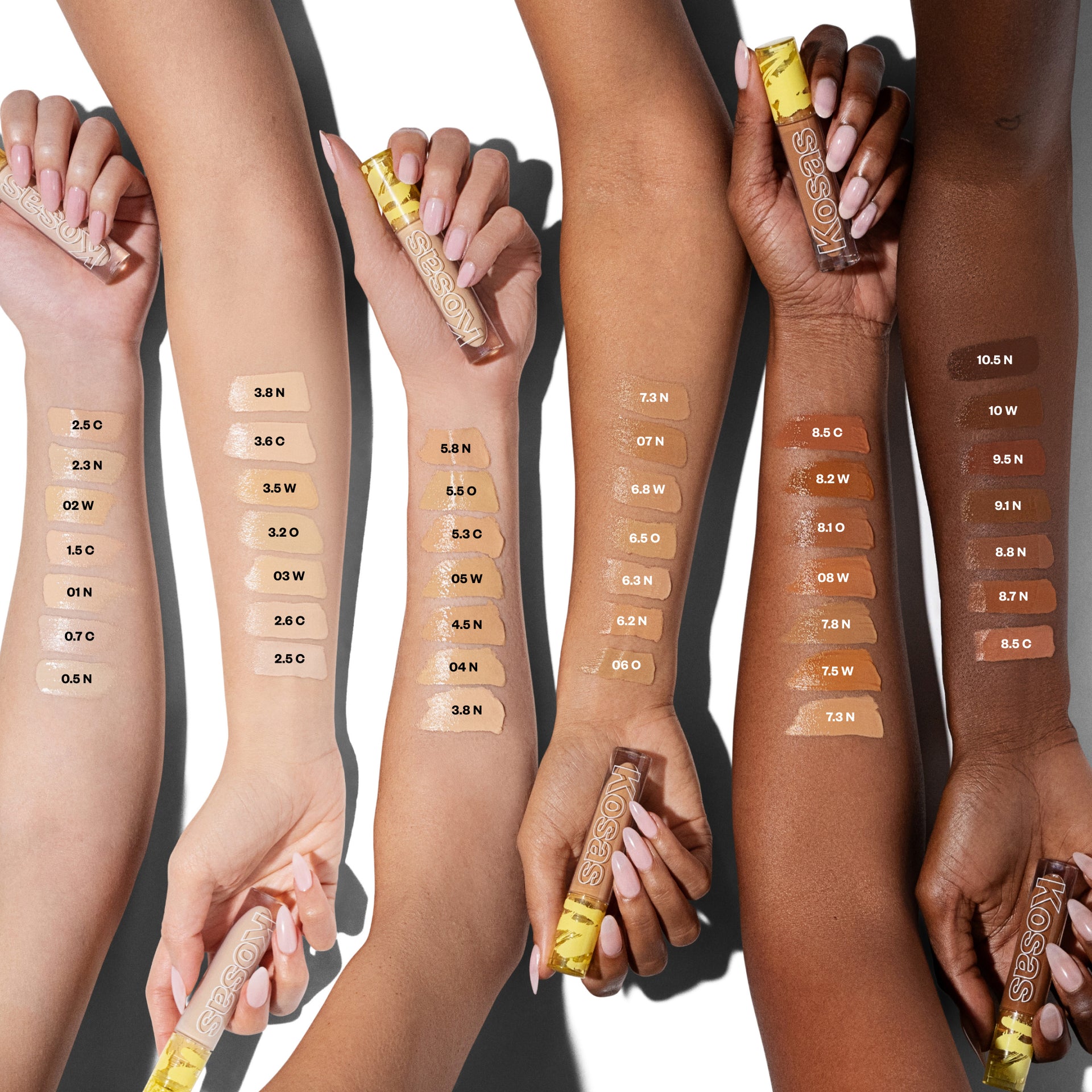 Arm swatches of all shades on different skin tones