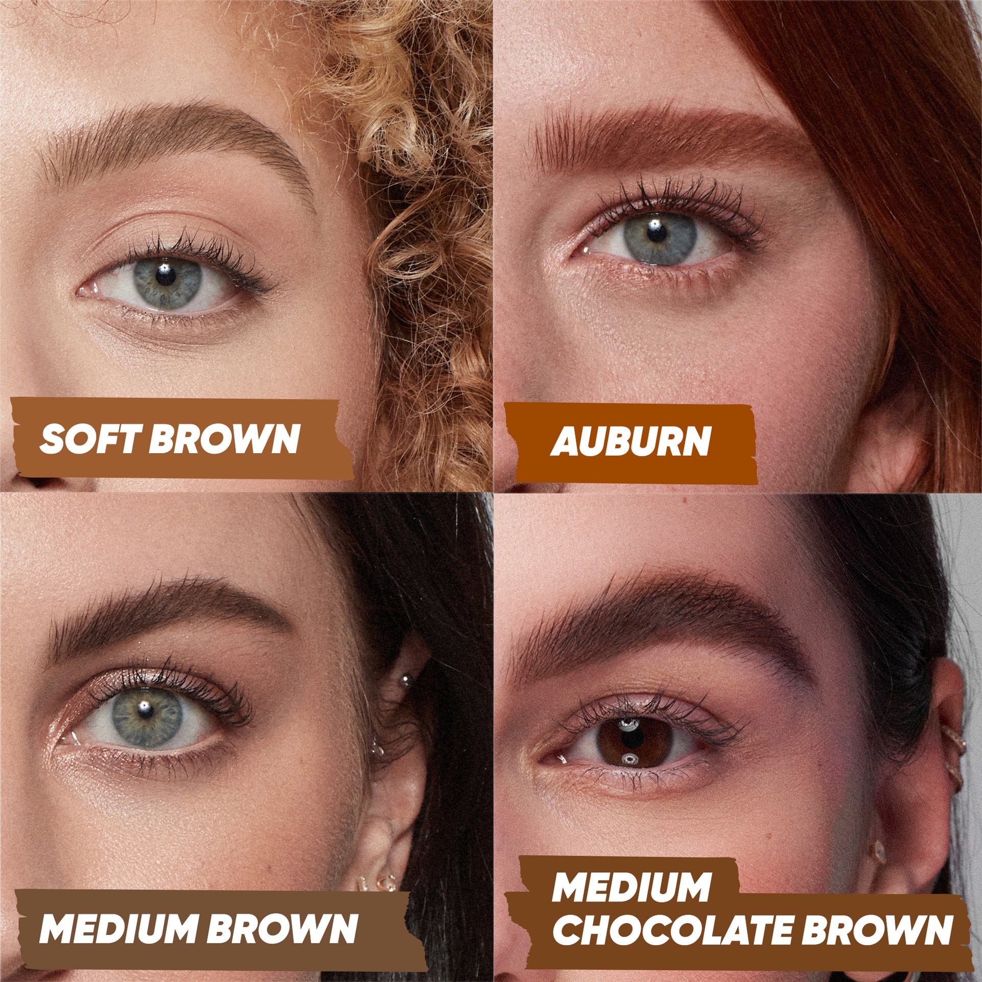An Image Showing Kosas BrowPop Shades When Applied. Soft Brown, Auburn, Medium Brown, Medium Chocolate.