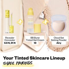 Your tinted skincare lineup shade pairings - Revealer Concealer 0.5 N, 01 N + BB burst tinted gel cream 10, Cloud set setting powder Airy.