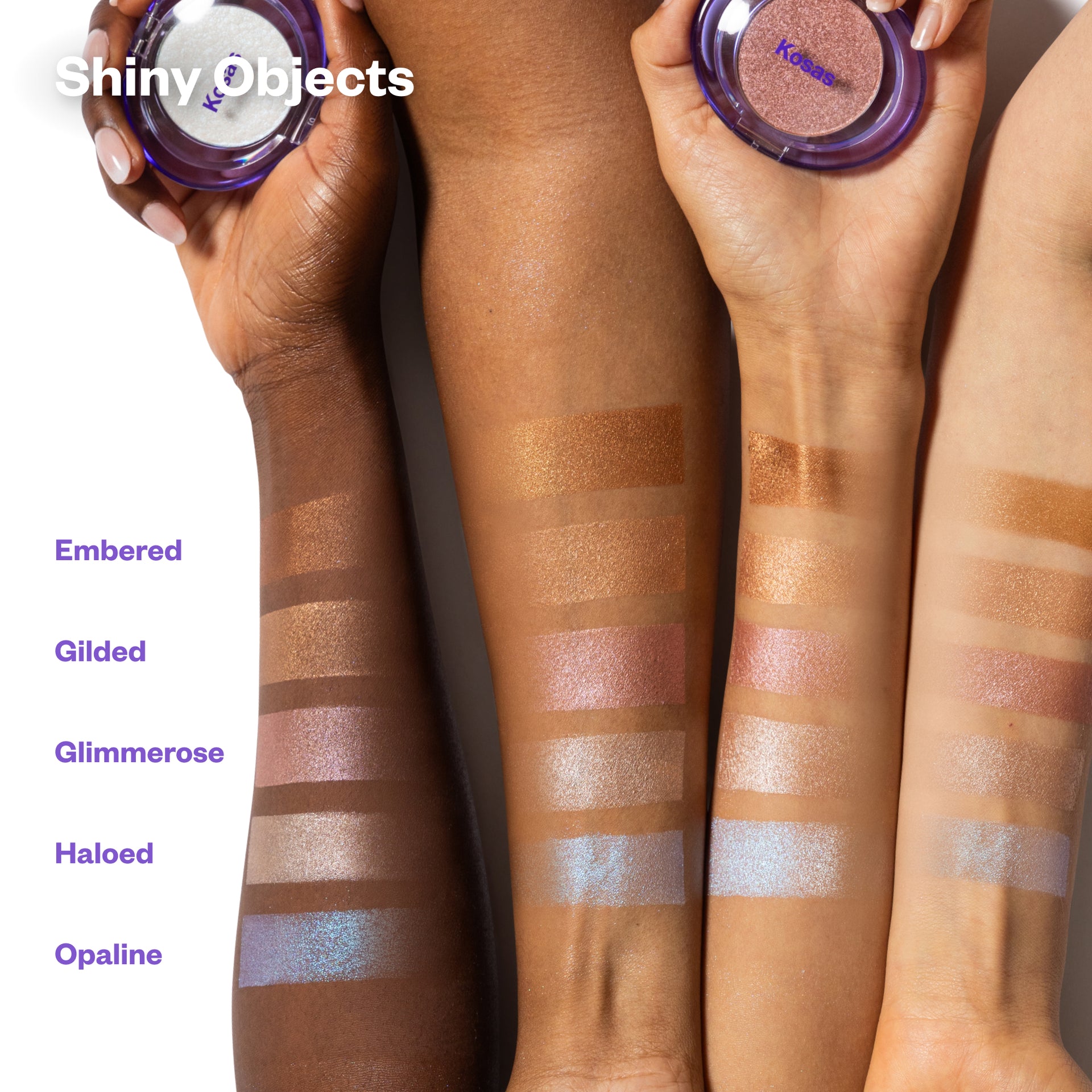 Shiny Objects Shade Swatches in different skintones