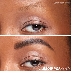 Close-up before and after comparison of Kosas Brow Pop Nano in the shade Black.