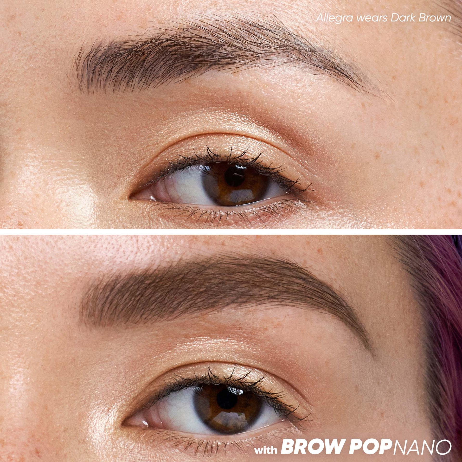 Close-up before and after comparison of Kosas Brow Pop Nano in the shade Dark Brown.