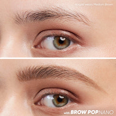 Close-up before and after comparison of Kosas Brow Pop Nano in the shade Medium Brown.