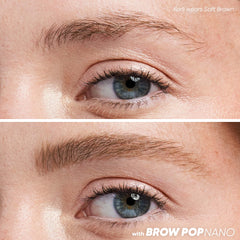 Close-up before and after comparison of Kosas Brow Pop Nano in the shade Soft Brown.