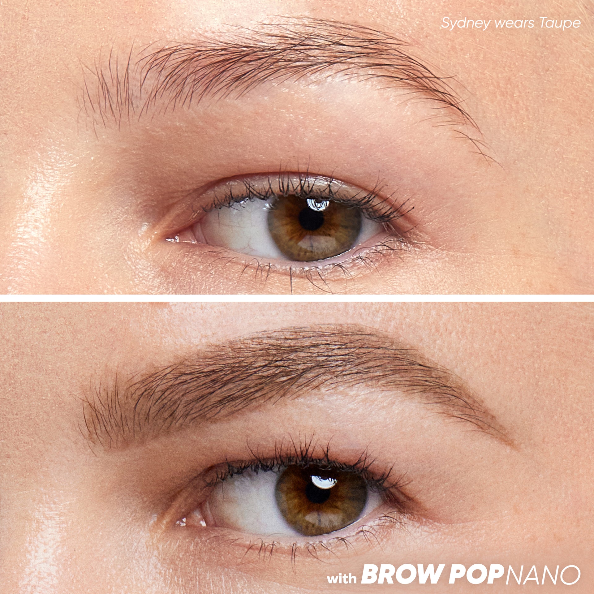 Close-up before and after comparison of Kosas Brow Pop Nano in the shade Taupe.
