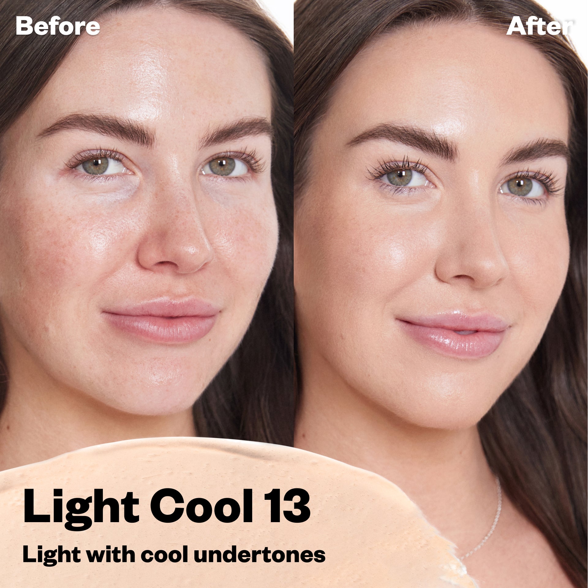 Before and after using BB Burst Light Cool 13 (Light with cool undertones).