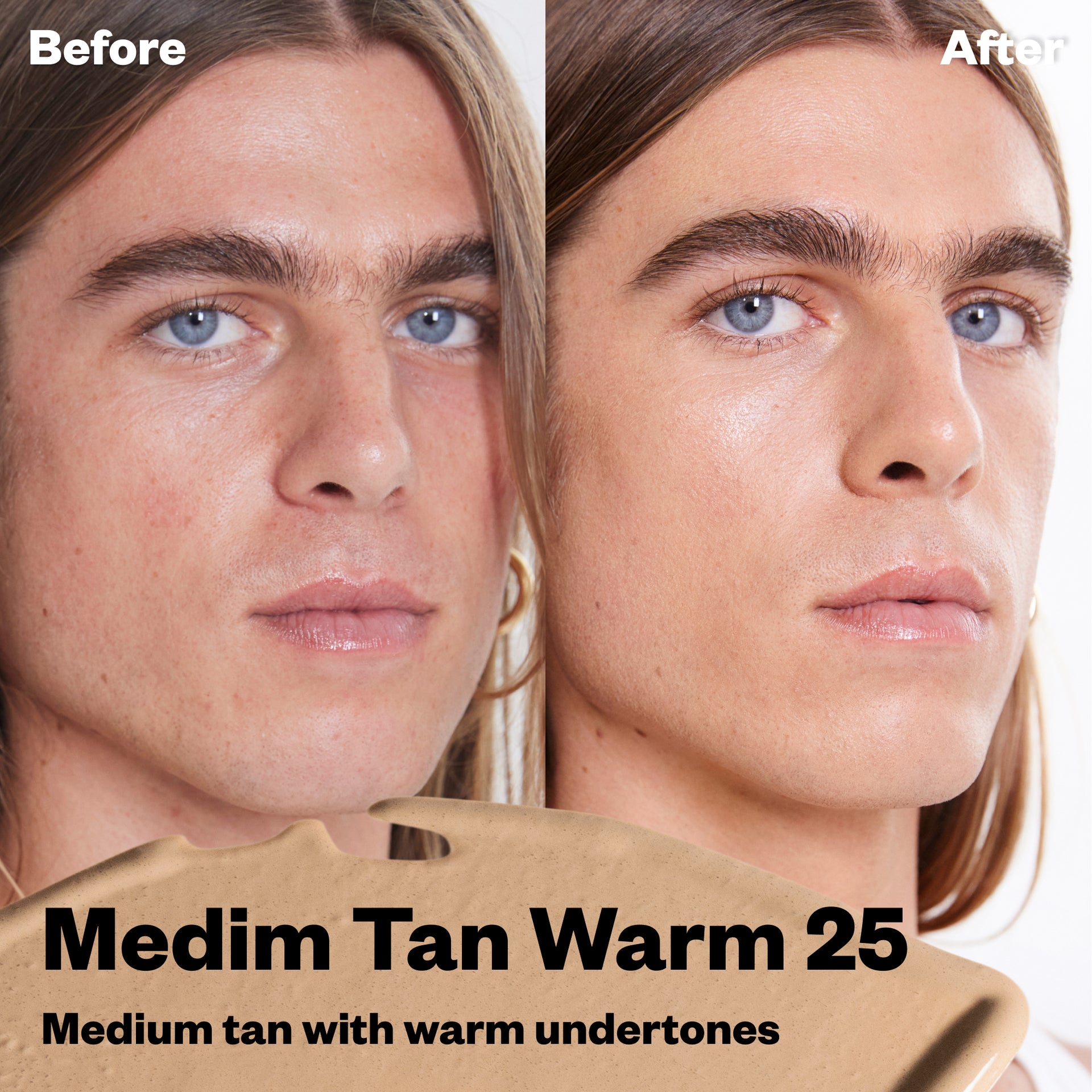 Before and after using BB Burst Medium Tan Warm 25 (Medium tan with warm undertones).