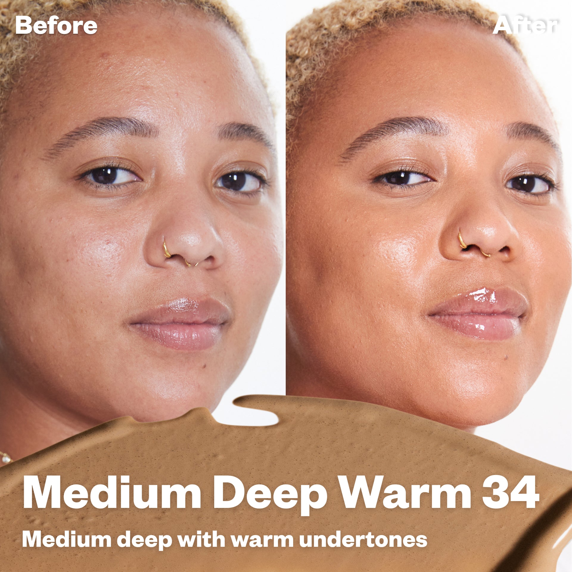 Before and after using BB Burst Medium Deep Warm 34 (Medium deep with warm undertones).