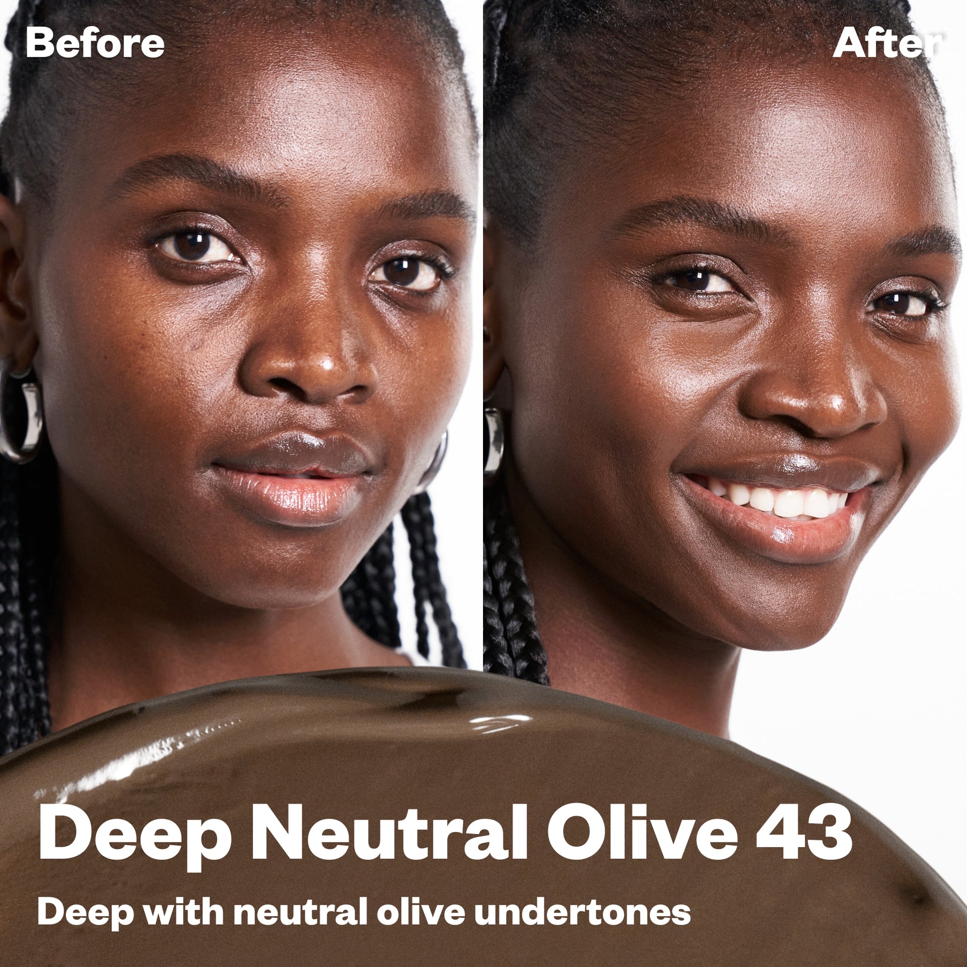 Before and after using BB Burst Deep Neutral Olive 43 (Deep with neutral olive undertones).