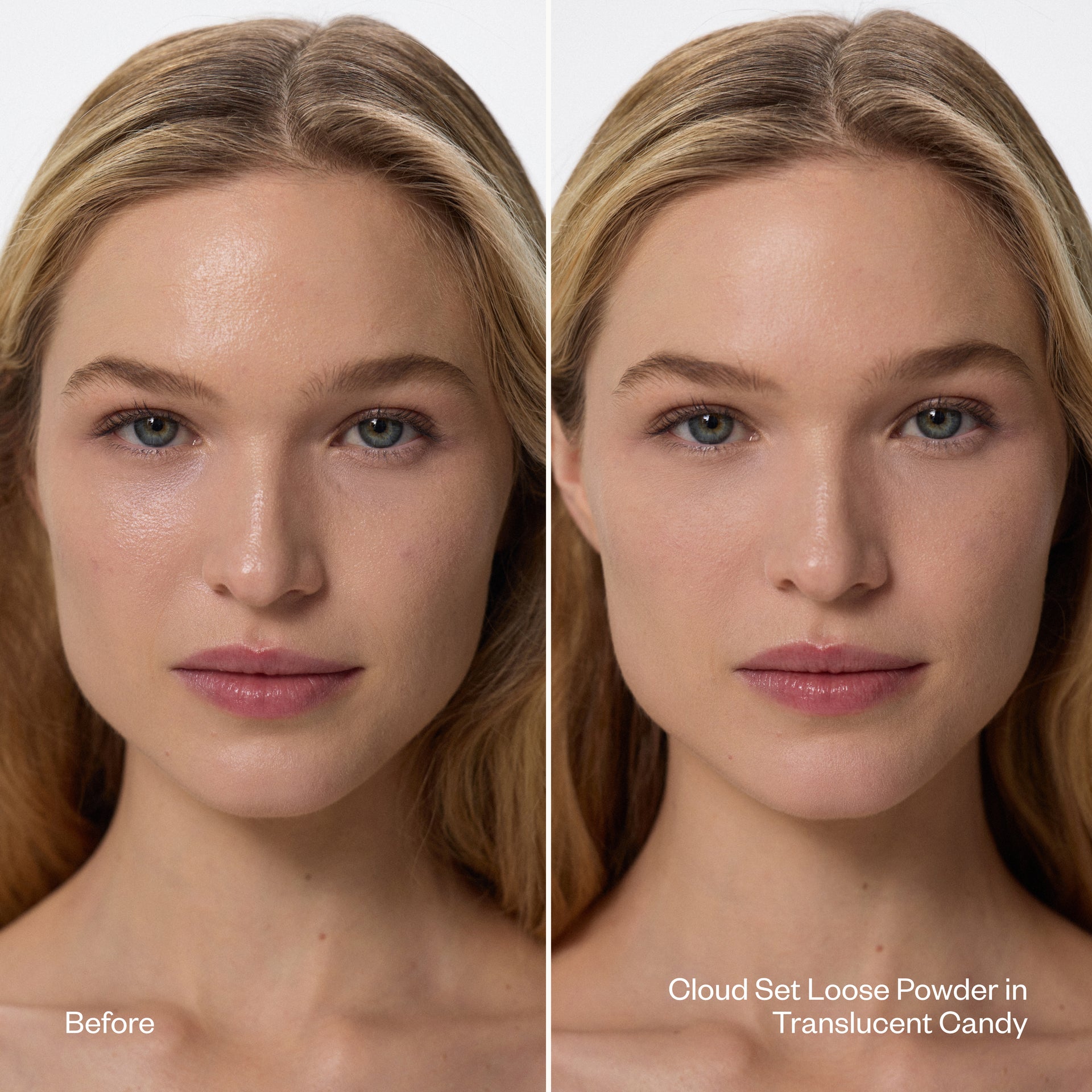 Before and After applying Cloud Set Loose Powder in Translucent Candy
