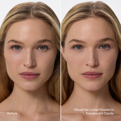 Before and After applying Cloud Set Loose Powder in Translucent Candy