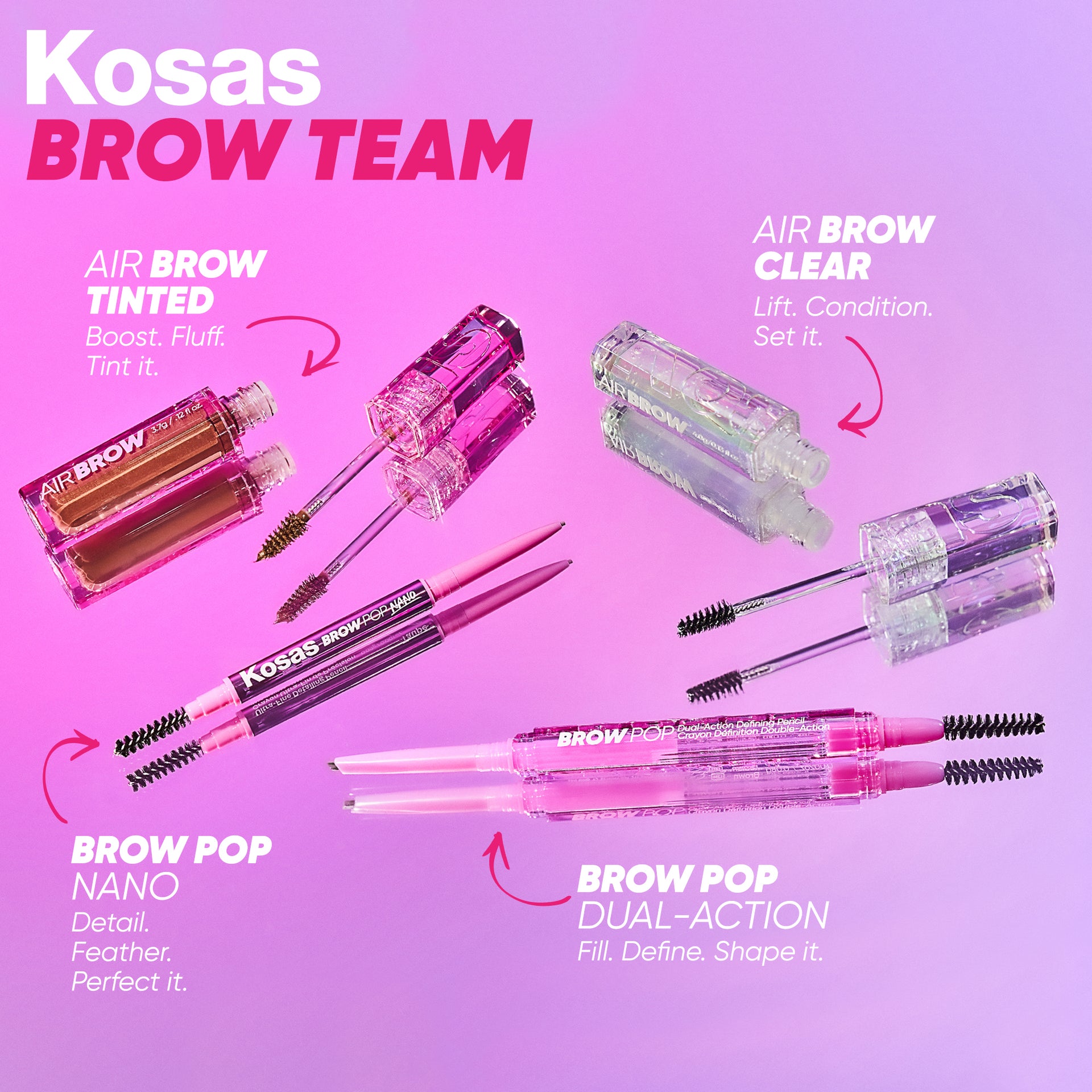 An image showcasing a variety of Kosas eyebrow products, including Air Brow Tinted, Air Brow Clear, Brow Pop Nano, and Brow Pop Dual-Action.