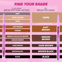 Side-by-side comparison of shades in Kosas Brow Pop Dual-Action and Brow Pop Nano eyebrow products.