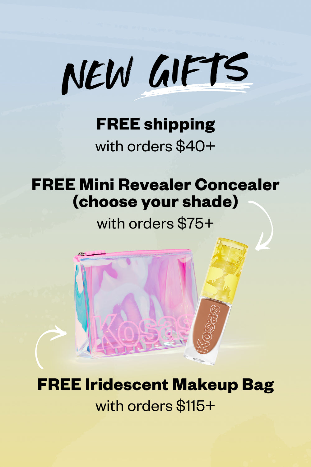 NEW GIFTS! Free Mini revealer concealer for orders $75+ and Free Iridescent Make up bag with orders $115+