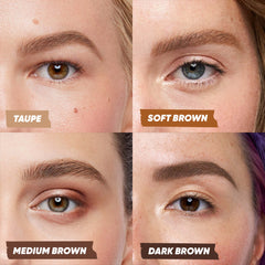 A close-up image showcasing four shades of Kosas Brow Pop Nano (Taupe, Soft Brown, Medium Brown, and Dark Brown) when worn on eyebrows.