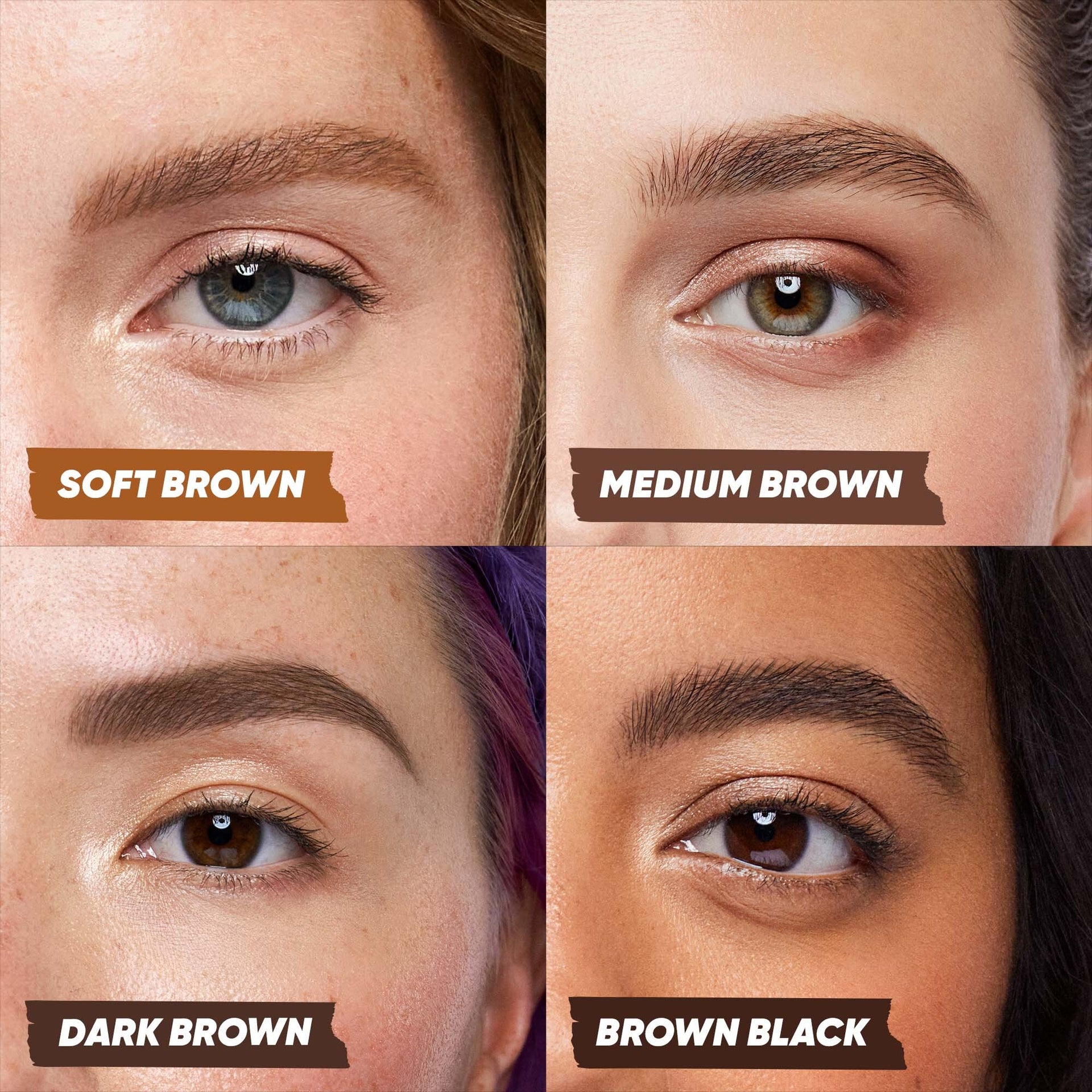 A close-up image showcasing four shades of Kosas Brow Pop Nano (Soft Brown, Medium Brown, Dark Brown, and Brown Black) when worn on eyebrows.