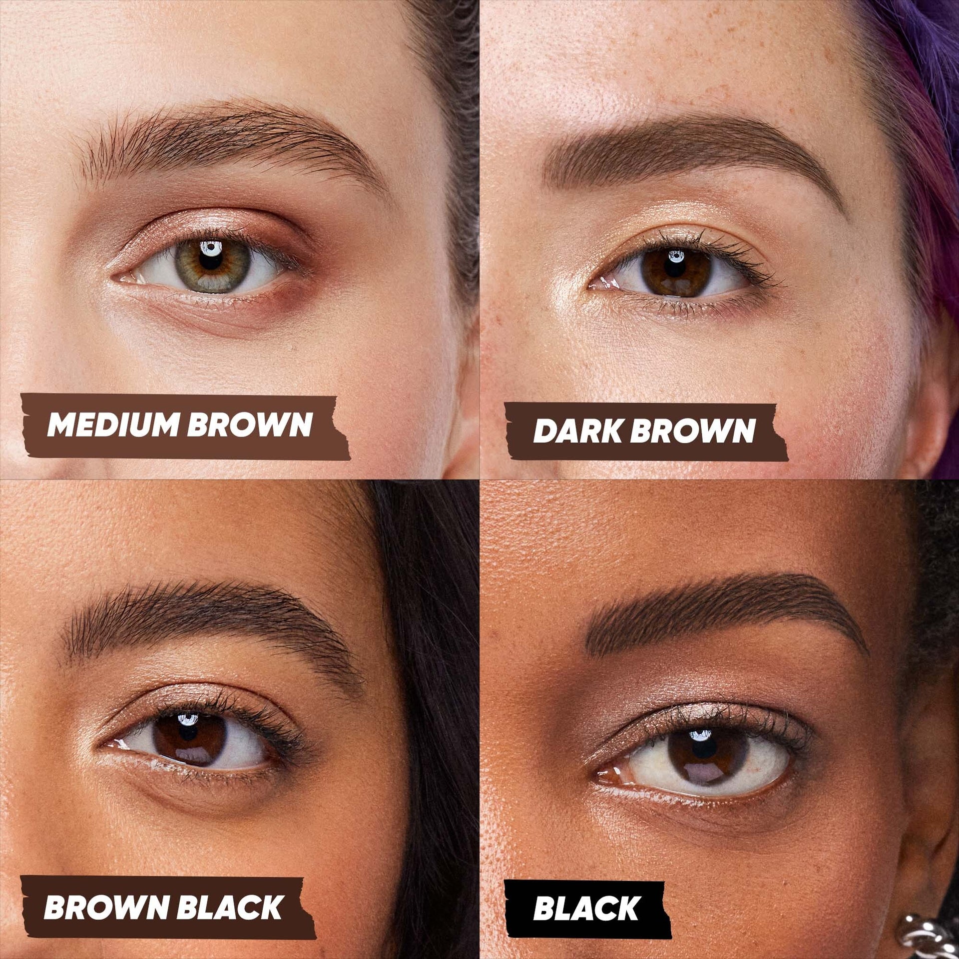 A close-up image showcasing four shades of Kosas Brow Pop Nano (Medium Brown, Dark Brown, Brown Black, and Black) when worn on eyebrows.