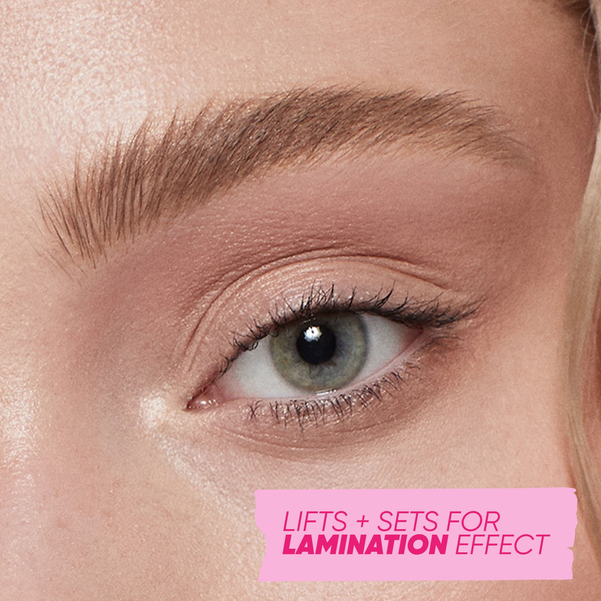 Close-up image showcasing Air Brow Clear's lift & set for perfect eyebrow lamination effect."