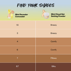 shade chart of mini revealer concealer and cloud set setting powder