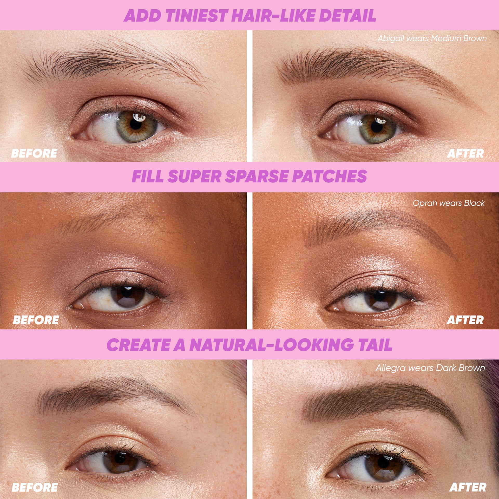 A before-and-after comparison of using various shades of Kosas Brow Pop Nano on different skin tones, showcasing the transformative yet natural effect on eyebrows.