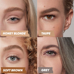 Close-up image showcasing swatches of Kosas Air Brow Tinted in the shades Honey Blonde, Taupe, Soft Brown, and Grey when applied to the eyebrows
