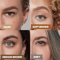 Close-up image showcasing swatches of Kosas Air Brow Tinted in the shades Honey Blonde, Taupe, Soft Brown, and Grey when applied to the eyebrows