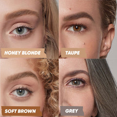 An Image Showing Kosas BrowPop Shades When Applied. Honey Blonde, Taupe, Soft Brown, Grey.