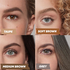 An Image Showing Kosas BrowPop Shades When Applied. Taupe, Soft Brown, Medium, Grey.