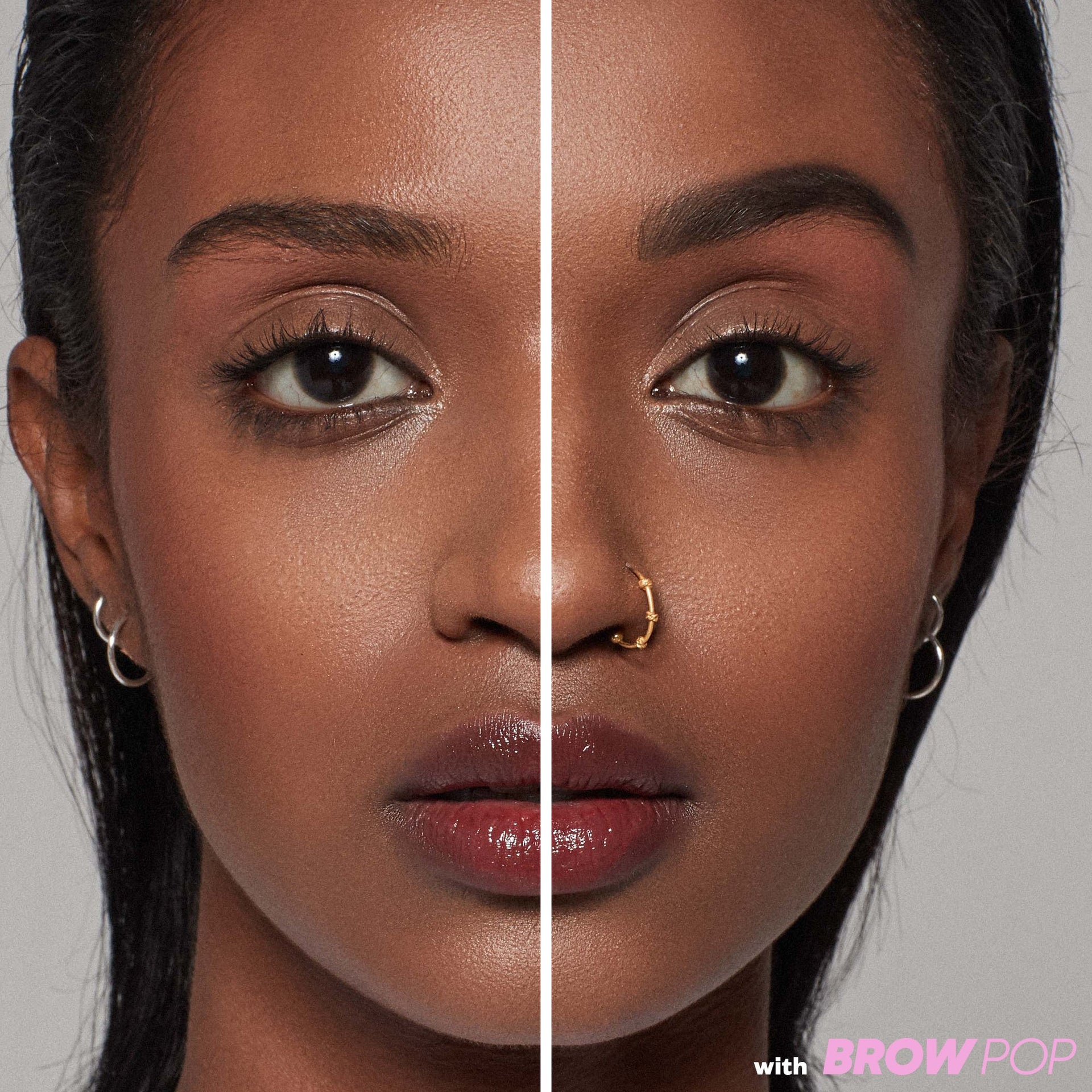 Before and after application of 'Brown Black' Brow Pop shade.