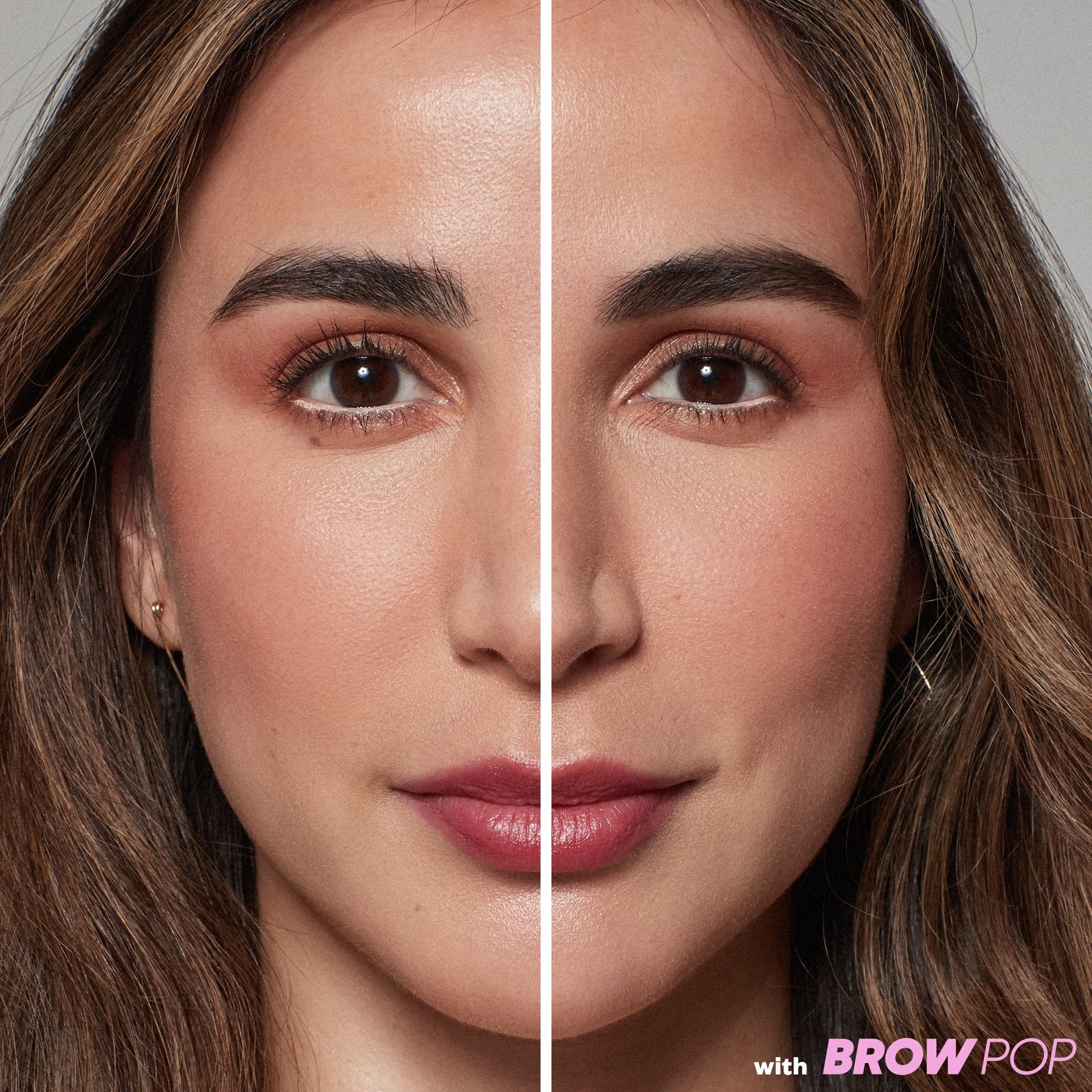 Before and after application of 'Dark Brown' Brow Pop shade.